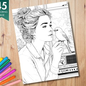 Pu&ograve; includere: Una pagina da colorare in bianco e nero con un'illustrazione dettagliata di una donna con un uccello sul dito. La pagina &egrave; etichettata "45 Coloring Page" in uno striscione verde. &Egrave; visibile un set di pennarelli colorati.