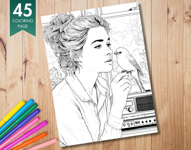 Pu&ograve; includere: Una pagina da colorare in bianco e nero con un'illustrazione dettagliata di una donna con un uccello sul dito. La pagina &egrave; etichettata "45 Coloring Page" in uno striscione verde. &Egrave; visibile un set di pennarelli colorati.