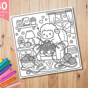 May include: Black and white coloring page featuring a sheep knitting in a cozy room. The page includes a basket of yarn, a lamp, and the text "40 Coloring Page". The sheep is surrounded by yarn and knitting needles.