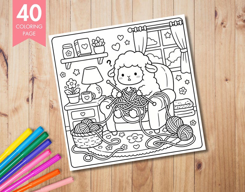 May include: Black and white coloring page featuring a sheep knitting in a cozy room. The page includes a basket of yarn, a lamp, and the text "40 Coloring Page". The sheep is surrounded by yarn and knitting needles.