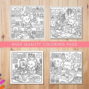 May include: Four square coloring pages featuring cute cartoon mice engaged in various activities. One mouse bakes, another reads, a third paints, and the last one crafts. The text "HIGH QUALITY COLORING PAGE" is displayed across the image.