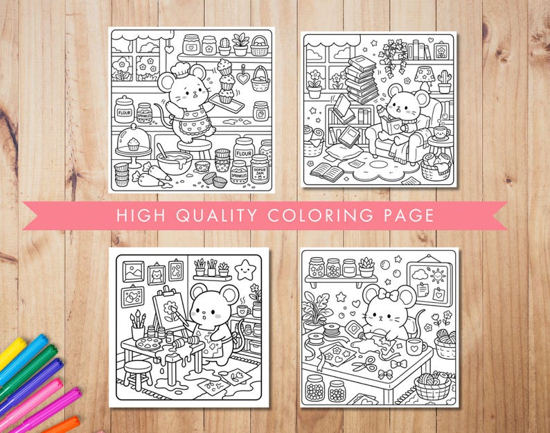 May include: Four square coloring pages featuring cute cartoon mice engaged in various activities. One mouse bakes, another reads, a third paints, and the last one crafts. The text "HIGH QUALITY COLORING PAGE" is displayed across the image.
