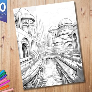May include: A black and white coloring page featuring a futuristic city scene with domed buildings, bridges, and canals. The page is labeled "30 COLORING PAGE" in a blue and white banner. Colored markers are visible in the lower left corner.