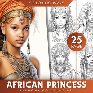 25 African Black Princess Queen Women Coloring Book, Printable PDF, Afro African Girls Coloring Pages, Grayscale Coloring Book for Adults