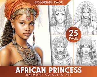 May include: A coloring book featuring 25 pages of African princess illustrations. The cover shows a woman with a colorful head wrap and intricate jewelry. The text "African Princess" and "Harmony Coloring Art" is displayed on the cover.
