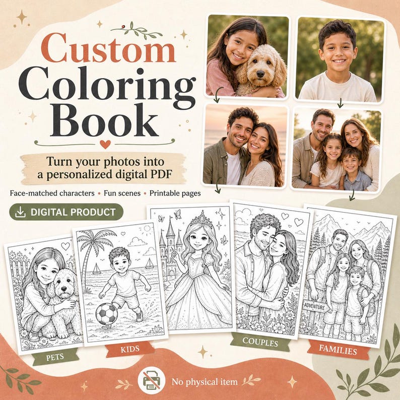 Custom Coloring Book From Photos, Personalized Digital PDF Coloring ...