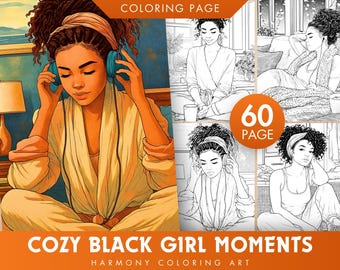 Black Girl Cozy Moments Coloring Pages | Self-Care Art (PDF & JPEG)