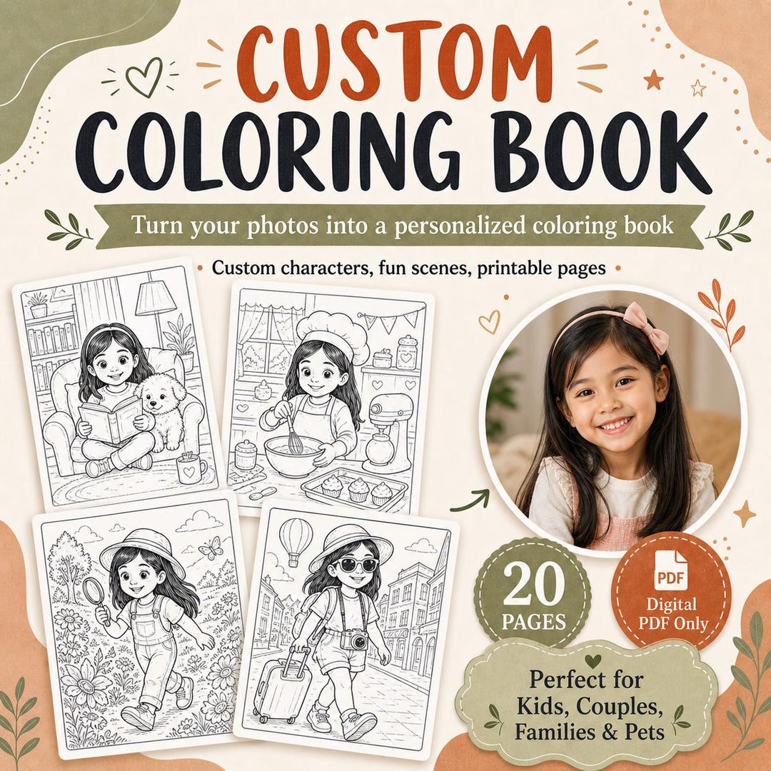 Custom Coloring Book From Photos, Personalized Digital PDF Coloring ...