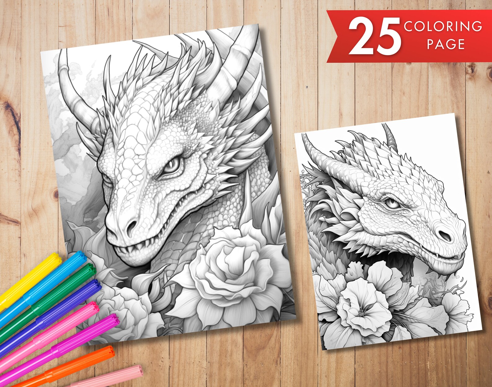 25 Flower Dragon Coloring Pages Adults and Kids Coloring Book ...