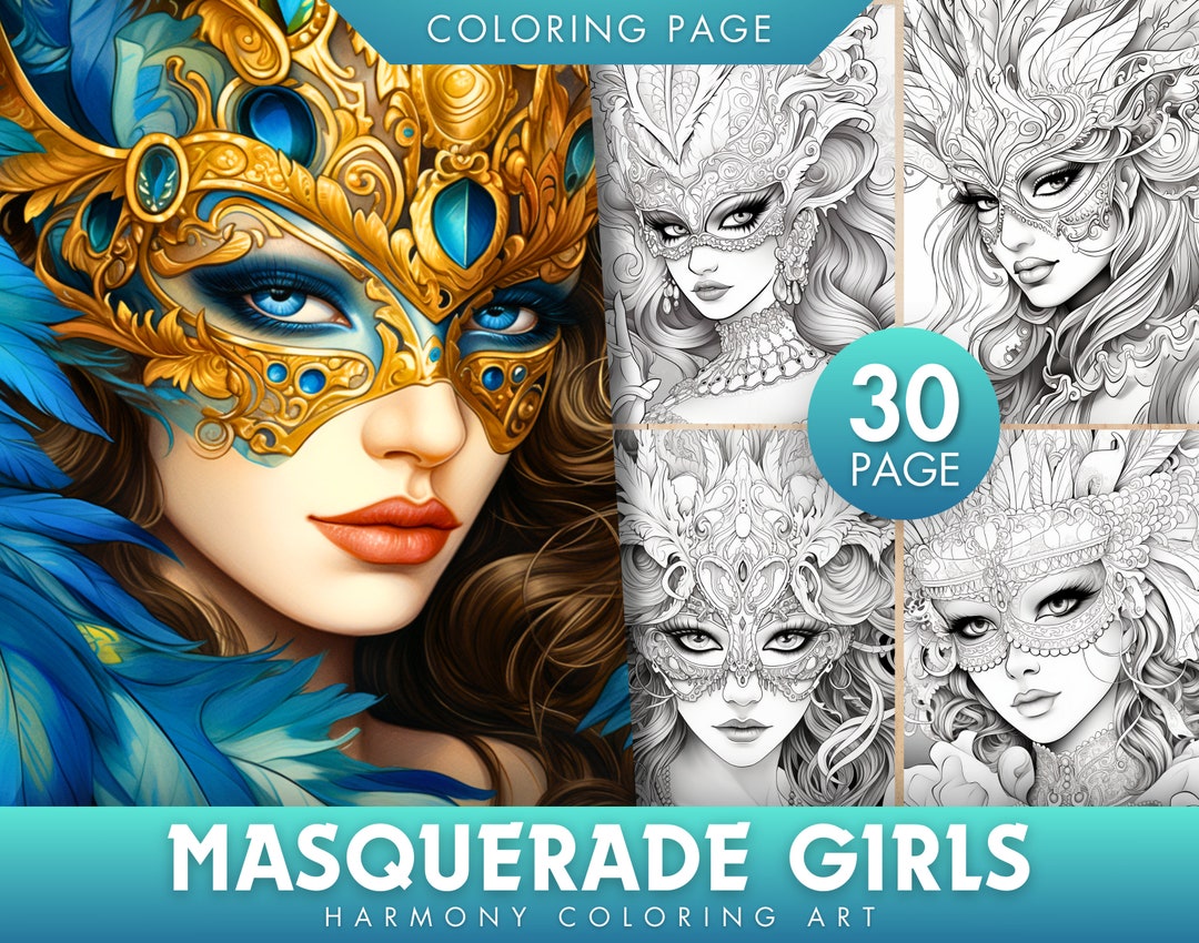 30 Masquerade Girls Digital Coloring Book, Carnival Girl Coloring Pages ...