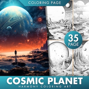 May include: A black and white coloring book page featuring a cosmic landscape with planets, mountains, and a river. The page is titled "Cosmic Planet Harmony Coloring Art" and includes the text "35 Page".