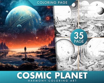 35 Kosmischer Planet Graustufen Ausmalbilder, Zukünftiges Universum (JPEG/PDF)