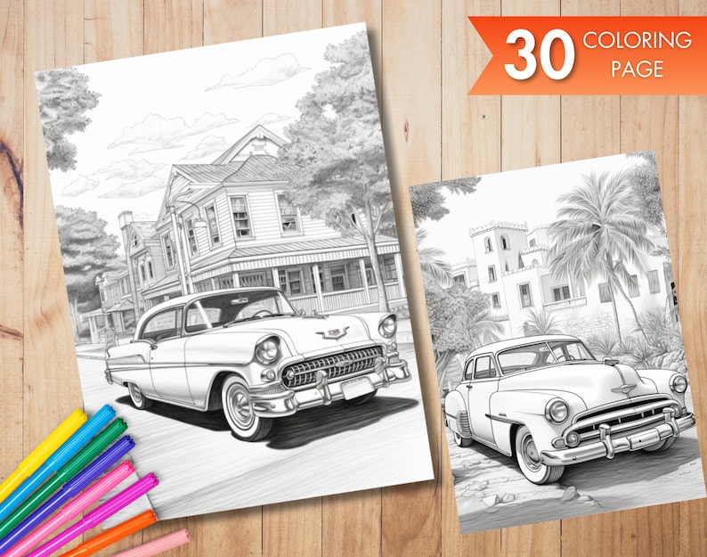 30 Classic Cars Coloring Pages for Adults, A Coloring Book for Vintage ...