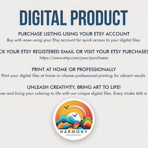 Pu&ograve; includere: Immagine che promuove un prodotto digitale con la scritta "DIGITAL PRODUCT". Sono incluse istruzioni per l'acquisto, l'accesso ai file e la stampa. Un logo circolare presenta un paesaggio colorato e la scritta "HARMONY COLORING ART".