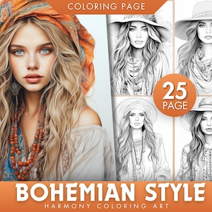 25 Bohemian Style Digital Coloring Book Fashion Girls Coloring Pages, Fashion Women Bohemian Style Coloring JPEG, Beautiful Girls PDF