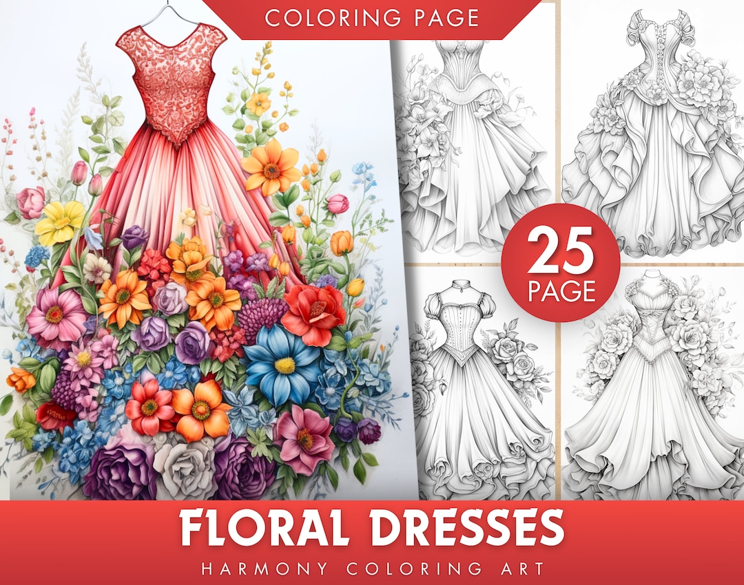 25 Floral Dress Coloring Pages - Adult and Kids Coloring Book, Floral ...