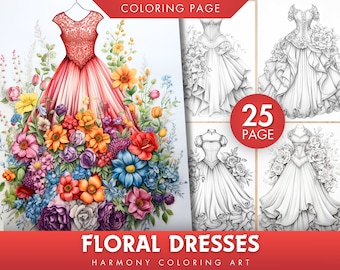 Floral Dress Coloring Pages – 25 Grayscale Illustrations (PDF/JPEG)