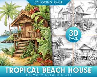 Pagine da colorare di case sulla spiaggia tropicale / Illustrazioni in scala di grigi (PDF, JPEG)