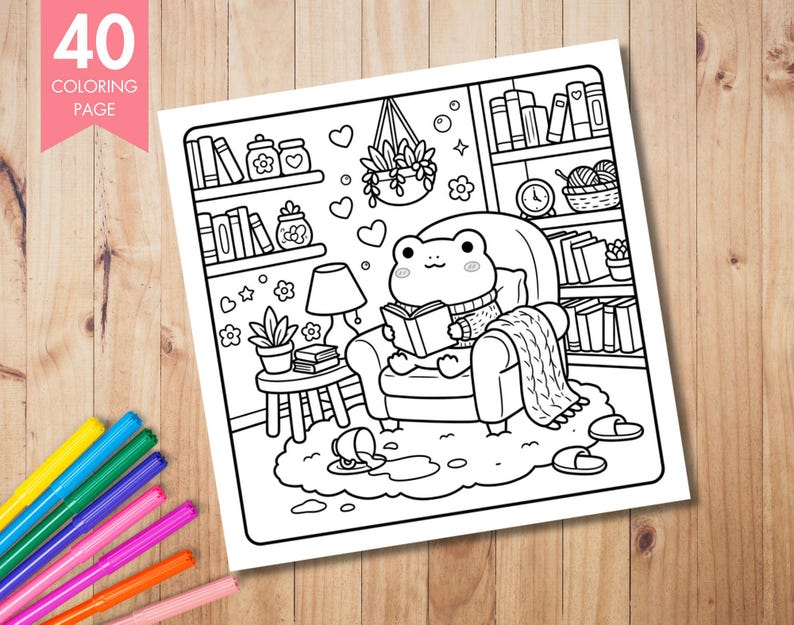 May include: Black and white coloring page featuring a frog reading in a cozy armchair, surrounded by bookshelves, plants, and a lamp. The page is labeled "40 Coloring Page" in a pink banner. Includes a pair of slippers and a blanket.