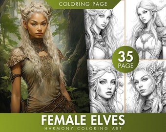 35 Female Elves Coloring Pages, Elf coloring,  Grayscale Coloring Book, Beautiful Female Elves, Magical Elves, Instant Download PDF / JPEG