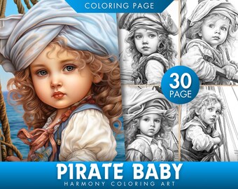 Pirate Baby Grayscale Coloring Pages, 30 Cute Designs (Digital Download)