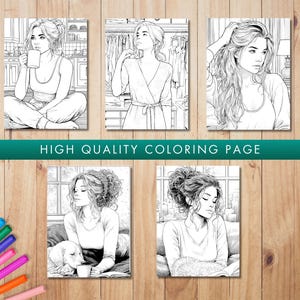 Pu&ograve; includere: Cinque pagine da colorare in bianco e nero raffiguranti donne in diverse scene. Il testo "HIGH QUALITY COLORING PAGE" &egrave; su uno striscione verde. Le pagine sono visualizzate su una superficie di legno. Ogni pagina &egrave; un'illustrazione dettagliata.
