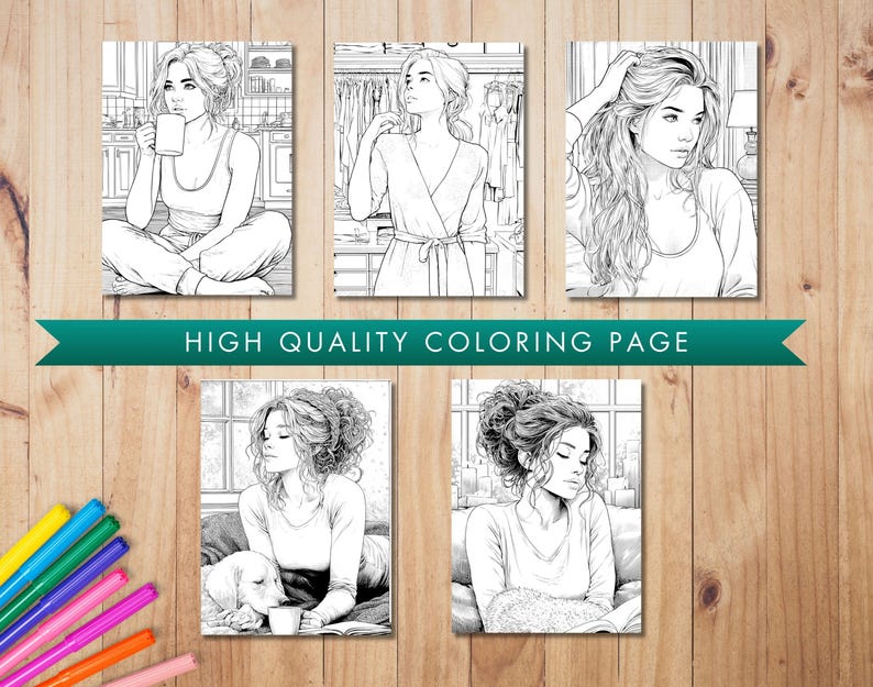 Pu&ograve; includere: Cinque pagine da colorare in bianco e nero raffiguranti donne in diverse scene. Il testo "HIGH QUALITY COLORING PAGE" &egrave; su uno striscione verde. Le pagine sono visualizzate su una superficie di legno. Ogni pagina &egrave; un'illustrazione dettagliata.