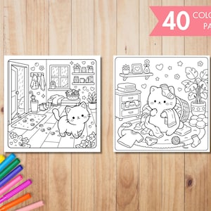 May include: Two black and white coloring pages featuring cute cartoon cats in domestic settings. One shows a cat in a room with a door and window, the other shows a cat with laundry. The text "40 COLORING PAGE" is in a pink banner.