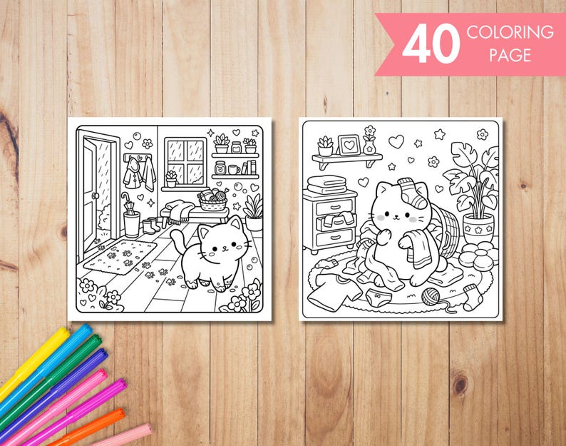 May include: Two black and white coloring pages featuring cute cartoon cats in domestic settings. One shows a cat in a room with a door and window, the other shows a cat with laundry. The text "40 COLORING PAGE" is in a pink banner.