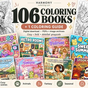 Pode incluir: Uma coleção digital de 106 livros de colorir e 1 guia de colorir intitulada Harmony Coloring Art. A imagem exibe várias capas de livros com temas como quartos dos anos 80, fadas, verão, primavera, viagens a Tóquio e criaturas em estilos coloridos.