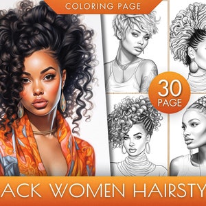 30 Black Women Hairstyles Portrait Coloring Pages for adults, Instant Download, Grayscale Coloring Book, Printable PDF / JPEG File