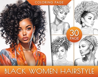 30 Black Women Hairstyles Portrait Coloring Pages for adults, Instant Download, Grayscale Coloring Book, Printable PDF / JPEG File