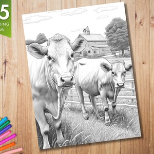 K&ouml;nnte beinhalten: Schwarz-wei&szlig;es Malbuch mit zwei K&uuml;hen, die auf einem Feld in der N&auml;he eines Bauernhofs stehen. Die K&uuml;he sind zum Betrachter gewandt und haben detaillierte Merkmale. Der Bauernhof befindet sich im Hintergrund und hat einen roten Stall.