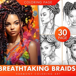 30 Black Women Breathtaking Braids Coloring Pages, African American Hair, Printable Adult Coloring Book, Download Grayscale Illustration