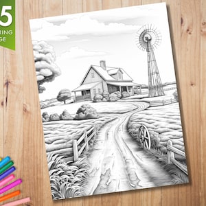 K&ouml;nnte beinhalten: Eine Schwarzwei&szlig;illustration eines Bauernhauses mit einer Windm&uuml;hle im Hintergrund. Eine unbefestigte Stra&szlig;e f&uuml;hrt zum Haus, mit einem Zaun und B&auml;umen auf beiden Seiten.