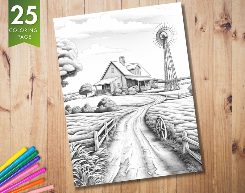 K&ouml;nnte beinhalten: Eine Schwarzwei&szlig;illustration eines Bauernhauses mit einer Windm&uuml;hle im Hintergrund. Eine unbefestigte Stra&szlig;e f&uuml;hrt zum Haus, mit einem Zaun und B&auml;umen auf beiden Seiten.