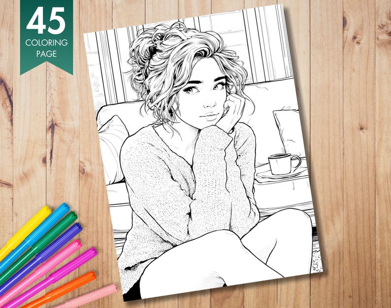 Pu&ograve; includere: Pagina da colorare in bianco e nero raffigurante una donna con i capelli ricci, che appoggia il mento sulla mano. L'immagine include una tazza di caff&egrave; su un tavolino e il testo "45 COLORING PAGE" in un banner verde. Sono presenti pennarelli colorati.