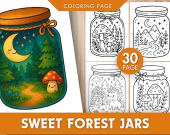 Op de afbeelding: Een kleurplaat met 30 verschillende ontwerpen van potten gevuld met fantasierijke bosscènes. Elke pot heeft een uniek ontwerp, waaronder paddenstoelen, een eenhoorn en een maan. De tekst "Sweet Forest Jars" staat onderaan de pagina.
