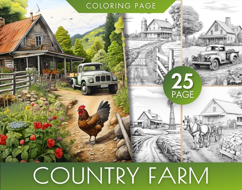 K&ouml;nnte beinhalten: Ein Malbuch mit 25 Seiten mit Illustrationen eines Bauernhofs auf dem Land. Das Cover zeigt einen roten LKW, ein Bauernhaus, einen Hahn und einen Blumengarten. Der Text "COUNTRY FARM" ist in gro&szlig;en Buchstaben am unteren Rand des Covers gedruckt.
