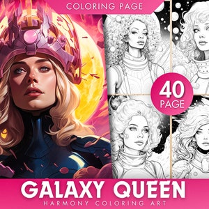 40 Galaxy Queen: Sci-fi Coloring Book Coloring Pages for adults, Cosmic Girl, Space, Planet Life, Grayscale Coloring, PDF/JPEG