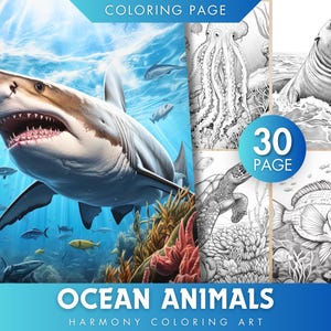 30 Ocean Animals grayscale coloring pages for adults, JPG and PDF file, Instant download, printable coloring pages Underwater Ocean Life