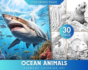 Ocean Animals Grayscale Coloring Pages for Adults (PDF & JPG)