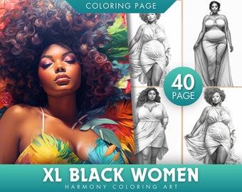 40 XL Black Women Coloring Pages for adults - Instant Download - Plus Size Black Woman Beauties Portrait Grayscale Coloring Book - Printable