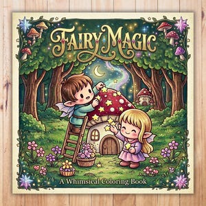 May include: A whimsical coloring book titled "Fairy Magic" features a colorful illustration of two fairy-like characters decorating a mushroom house with stars. The cover art includes forest elements, flowers, and the text "A Whimsical Coloring Book".