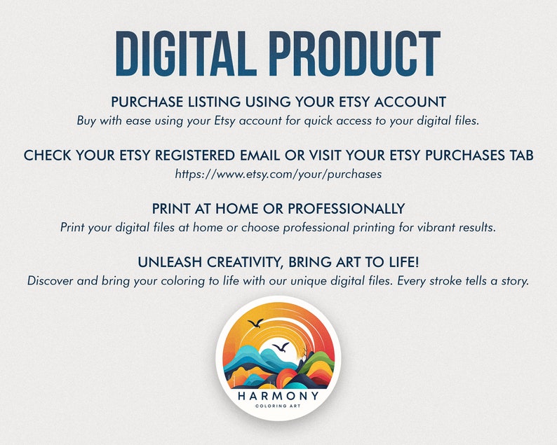 May include: A digital product advertisement with the text "DIGITAL PRODUCT" in navy blue. Instructions include purchasing, accessing files, and printing options. A colorful circular logo with the text "HARMONY COLORING ART" is at the bottom.