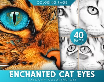 Enchanted Cat Eyes Coloring Book | 40 Grayscale Pages (PDF & JPEG)