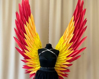 Cosplay phoenix wings, Creative decoration to costume, Red and yellow angel wings for party, Carnival colorful wings