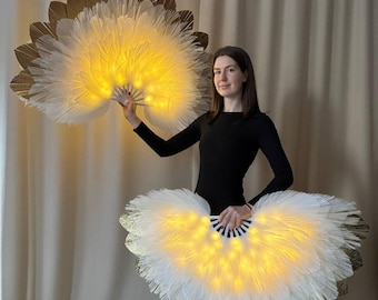 Glowing fan, white with gold fan, hand fan with lights, fluffy fan, fursuit fan, accessory to costume, folding fan, ceiling fan, fan cover