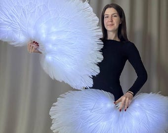 Glowing white hand fan, white fan, hand fan with lights, fluffy fan, ceiling fan, accessory to the costume, fursuit fan, folding fan