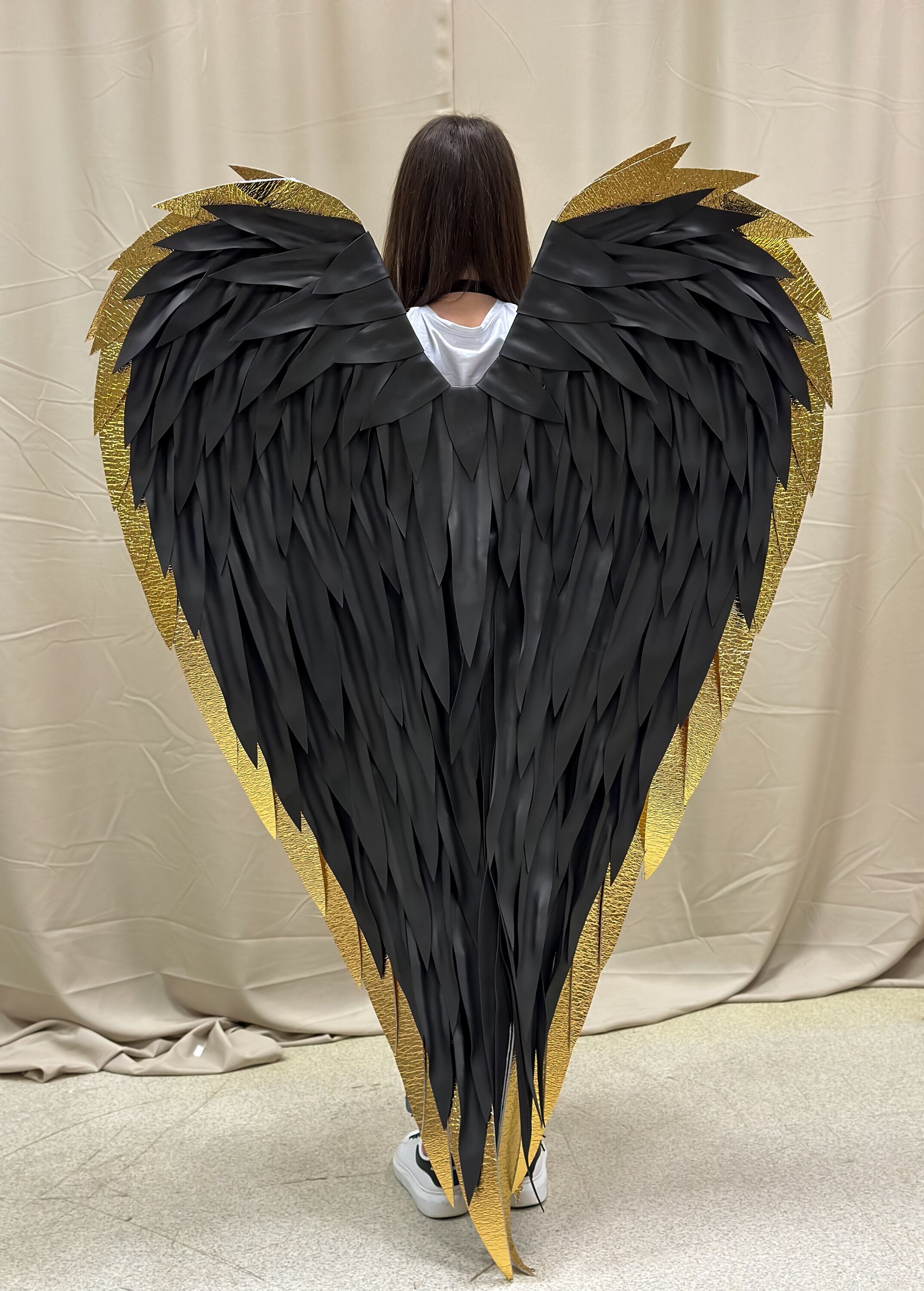 Large angel wings black and gold, Wings cosplay fallen black angel, Black handmade wings with gold edging